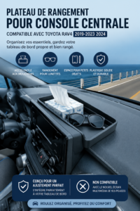 Organisateur de console en plastique solide dans un Toyota Rav4, montrant des lunettes de soleil et des mou tissues bien rangés.