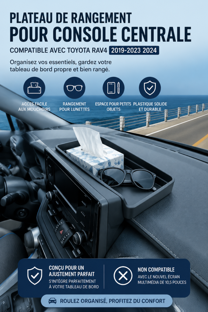 Organisateur de console en plastique solide dans un Toyota Rav4, montrant des lunettes de soleil et des mou tissues bien rangés.