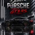 Porsche GT3 RS noire en pleine exposition dans un showroom, mettant en valeur son design élégant.