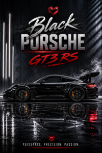 Porsche GT3 RS noire en pleine exposition dans un showroom, mettant en valeur son design élégant.