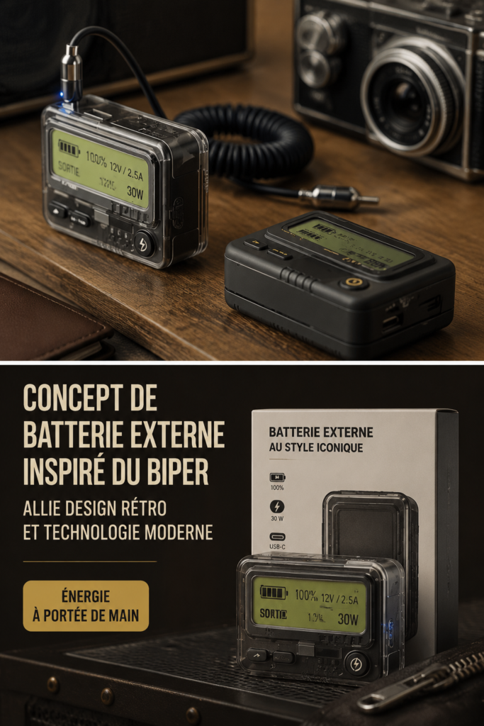Power bank design vintage avec une touche moderne et élégante.