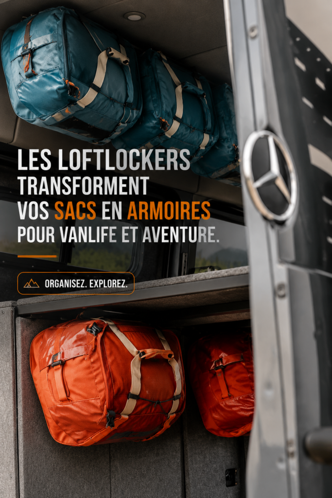 Un van bien organisé avec des sacs de voyage transformés en rangements pratiques pour une aventure réussie.