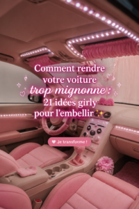 Un intérieur de voiture décoré de manière girly avec des accessoires colorés et une ambiance chaleureuse.