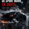 Voiture noire en pleine course sur circuit nocturne, mettant en avant un drift spectaculaire.