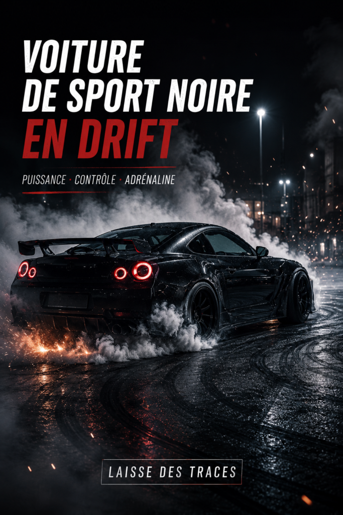 Voiture noire en pleine course sur circuit nocturne, mettant en avant un drift spectaculaire.