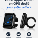 Femme conduite avec une Apple Watch affichant des directions, transformant sa montre en GPS.