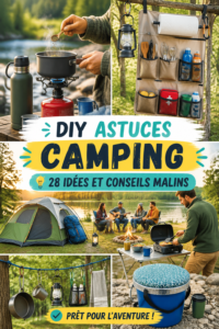 Un groupe d'amis en camping, utilisant des astuces DIY pour améliorer leur expérience de plein air.