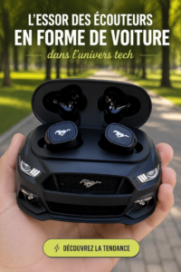 Écouteurs innovants inspirés des voitures de sport sur un fond moderne.