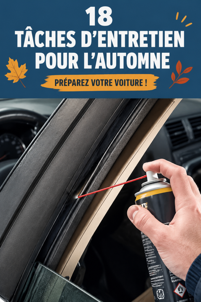 Voiture préparée pour l'automne, avec des feuilles colorées autour