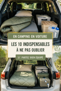 Des femmes campeuses souriantes devant une voiture remplie d'équipements de camping.