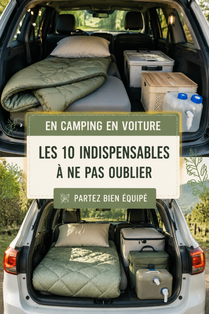 Des femmes campeuses souriantes devant une voiture remplie d'équipements de camping.