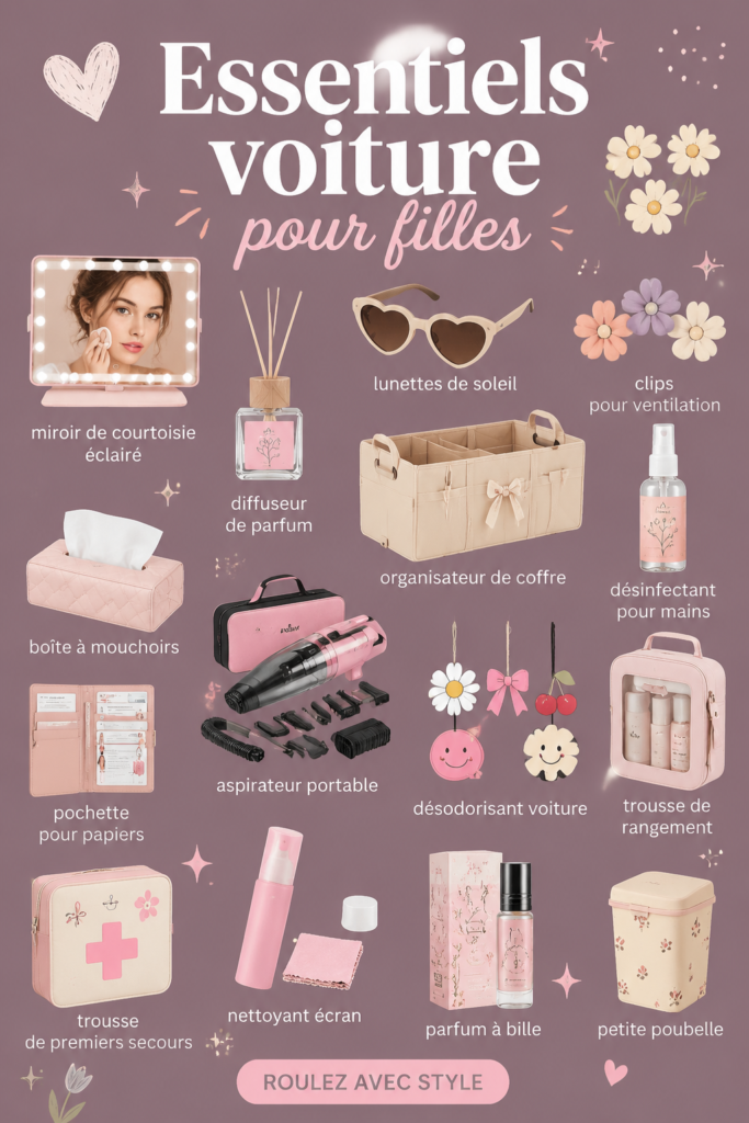 Accessoires girly colorés pour voiture sur une table