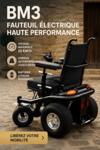 Fauteuil roulant BM3 en utilisation, illustrant sa vitesse et son design moderne.