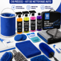 Un kit de nettoyage automobile complet avec divers outils disposés sur une table.