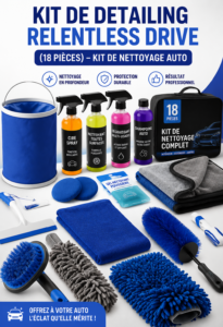 Un kit de nettoyage automobile complet avec divers outils disposés sur une table.
