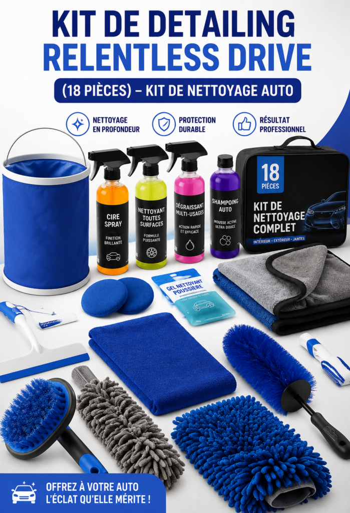 Un kit de nettoyage automobile complet avec divers outils disposés sur une table.