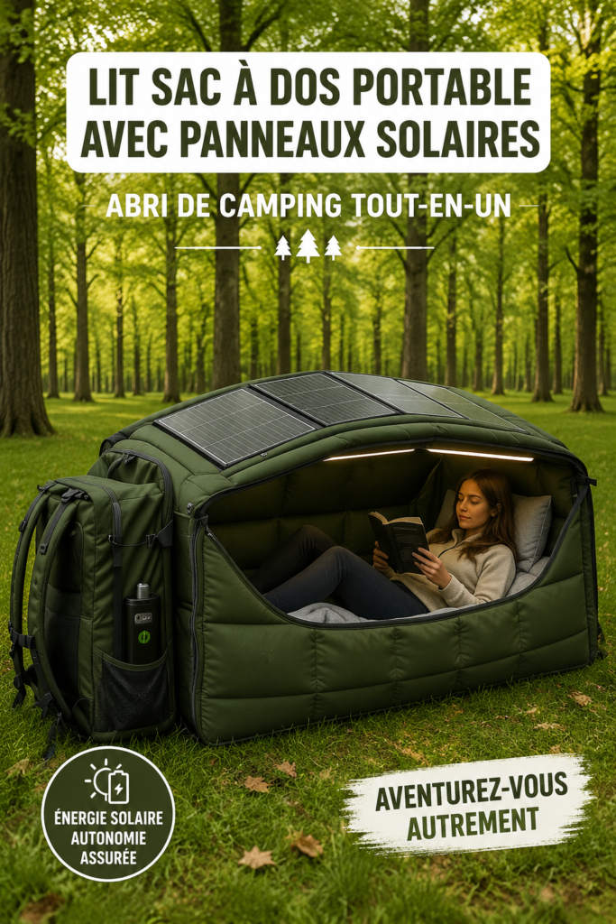 Lit de camping portable avec panneaux solaires en pleine nature