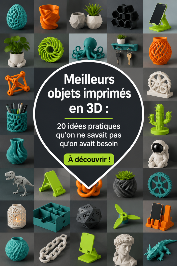 Un ensemble d'objets imprimés en 3D sur une table, montrant leur diversité et leur utilité.
