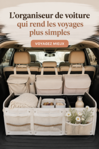 Organisateur de voiture bien rangé avec des accessoires pour road trip.