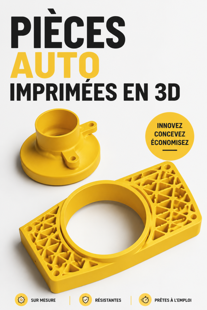 Pièces de voiture imprimées en 3D sur un fond neutre, montrant l'innovation dans le secteur automobile.