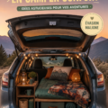 Une Prius transformée en espace de camping avec un matelas, des coussins et des décors accueillants.