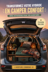 Une Prius transformée en espace de camping avec un matelas, des coussins et des décors accueillants.