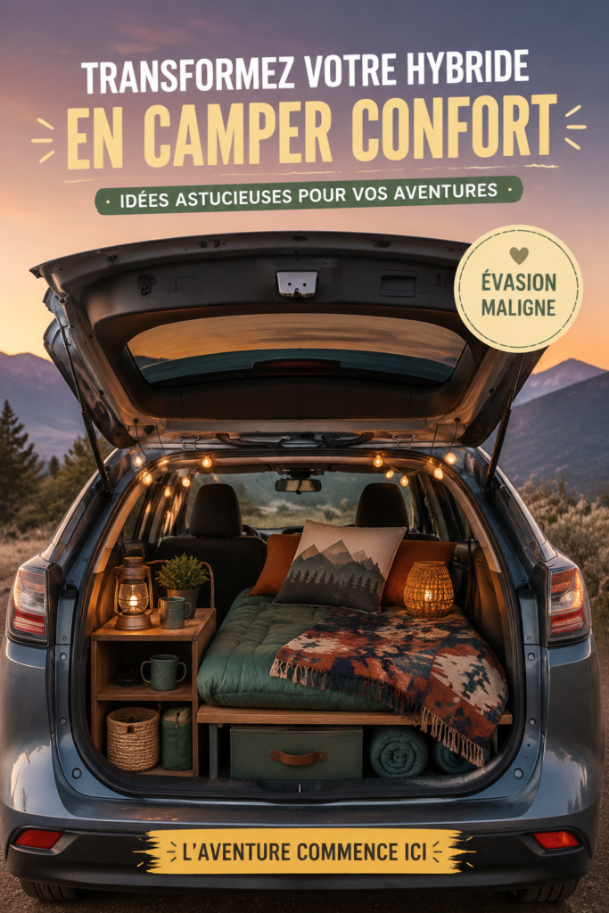 Une Prius transformée en espace de camping avec un matelas, des coussins et des décors accueillants.