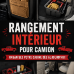 Intérieur d'un camion bien organisé avec des accessoires de rangement pratiques.