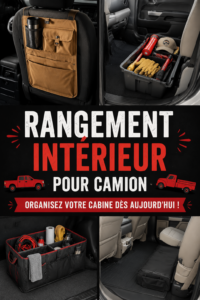 Intérieur d'un camion bien organisé avec des accessoires de rangement pratiques.