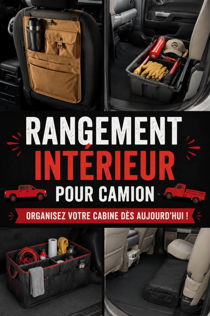 Intérieur d'un camion bien organisé avec des accessoires de rangement pratiques.