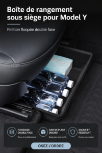 Boîte de rangement sous siège pour Model Y montrant des accessoires bien organisés.
