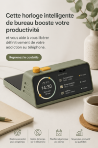 Réveil intelligent sur une table de nuit avec un fond apaisant