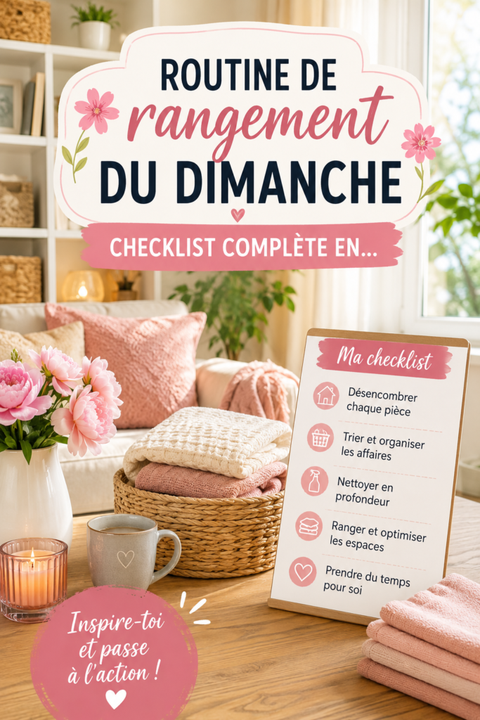 Femme en train de ranger son salon le dimanche avec des accessoires pratiques.