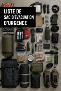 Une femme examine soigneusement son sac d'évacuation rempli d'articles essentiels.
