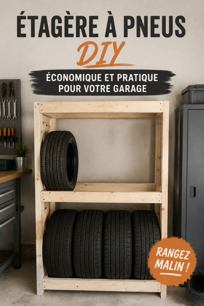 Support à pneus DIY en bois dans un garage bien rangé