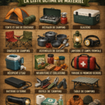 Équipement de camping dans une voiture prête à partir, intégrant des accessoires utiles pour l'aventure.