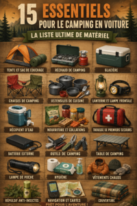 Équipement de camping dans une voiture prête à partir, intégrant des accessoires utiles pour l'aventure.