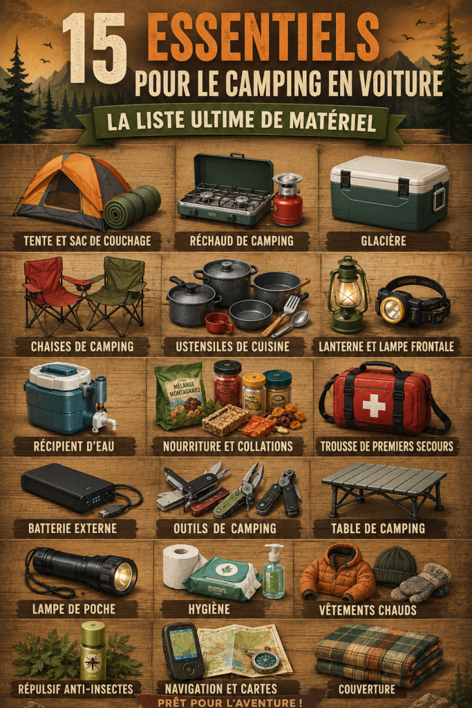 Équipement de camping dans une voiture prête à partir, intégrant des accessoires utiles pour l'aventure.