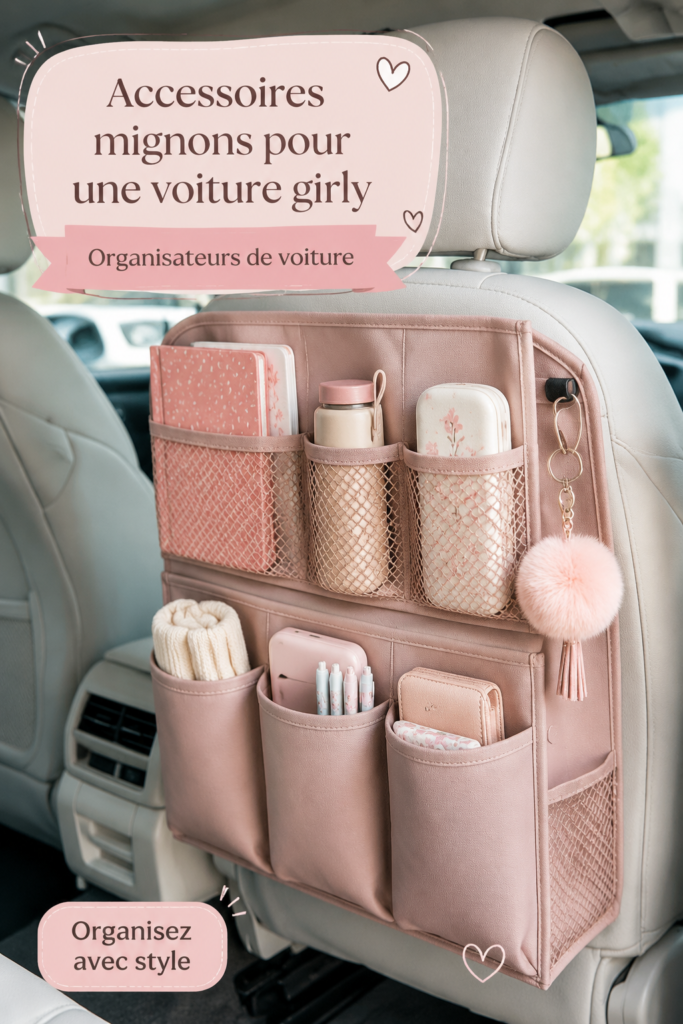 Accessoires mignons pour voiture sur un fond clair, incluant des organisateurs et des décorations.