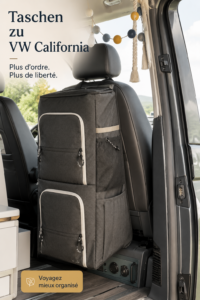 Intérieur d'une VW California avec accessoires de rangement pratiques et confortables.