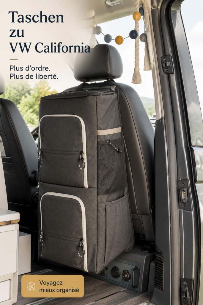 Intérieur d'une VW California avec accessoires de rangement pratiques et confortables.