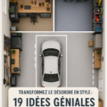 Garage aménagé avec des étagères et des accessoires de rangement pratiques.