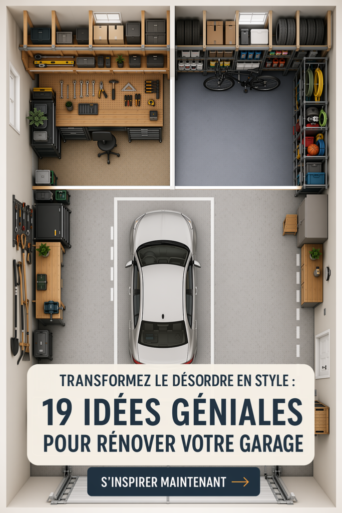 Garage aménagé avec des étagères et des accessoires de rangement pratiques.