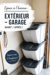 Garage organisé avec des étagères et des bacs de rangement, mettant l'accent sur l'efficacité