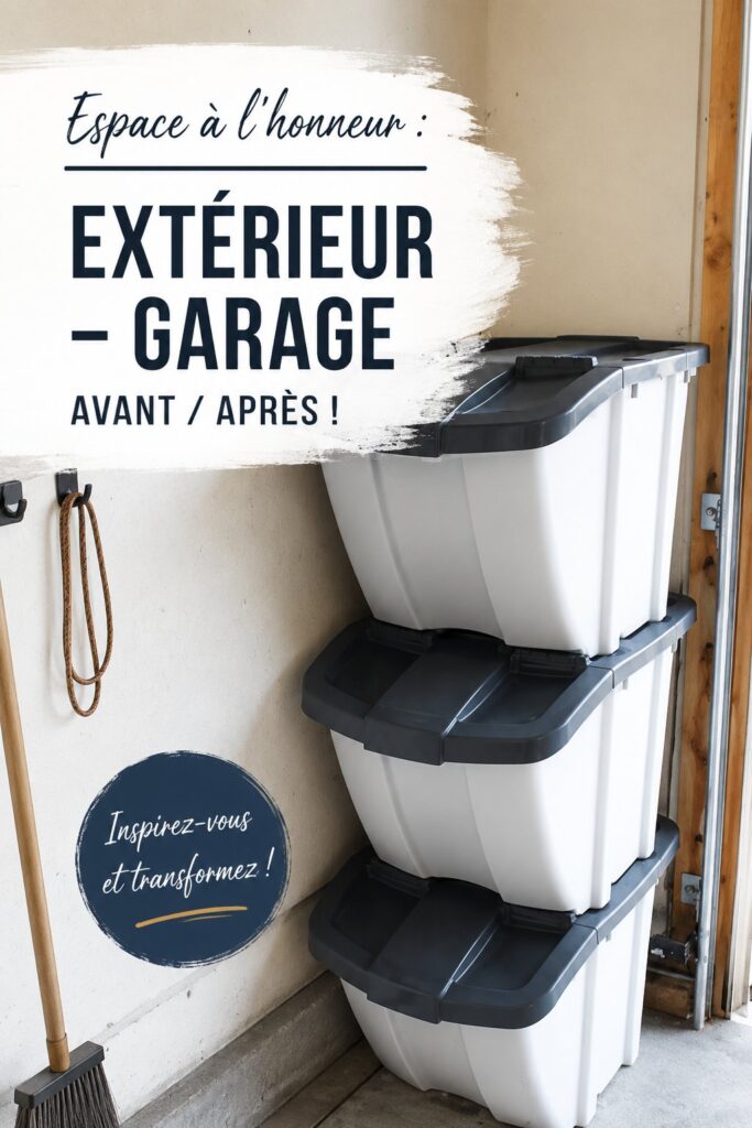 Garage organisé avec des étagères et des bacs de rangement, mettant l'accent sur l'efficacité