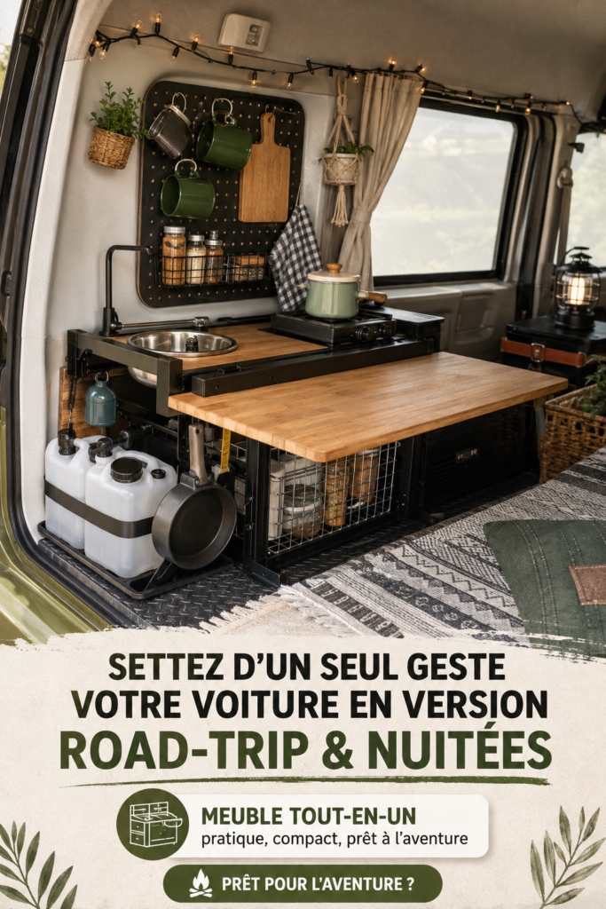 Une voiture aménagée avec des coussins et un matelas, prête pour un sommeil confortable.