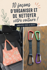 Une femme souriante nettoyant l'intérieur de sa voiture avec des accessoires de rangement.