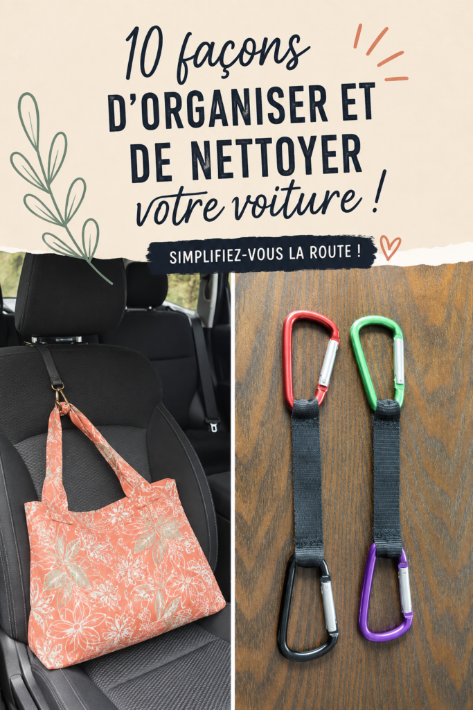 Une femme souriante nettoyant l'intérieur de sa voiture avec des accessoires de rangement.