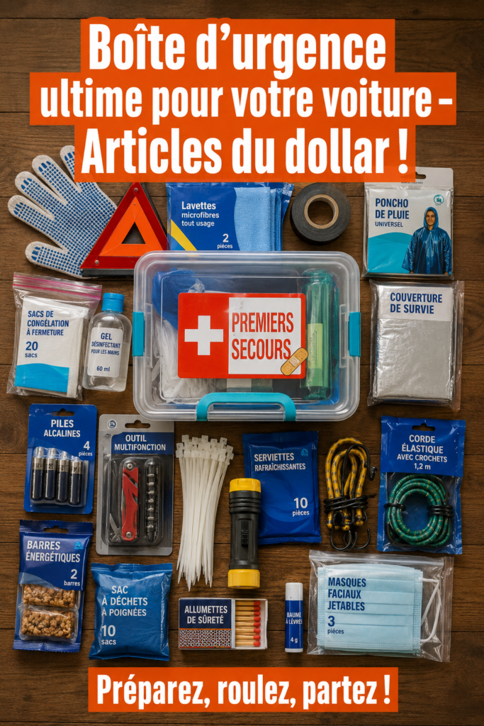 Boîte d'accessoires auto bien organisée avec divers outils et produits de nettoyage.