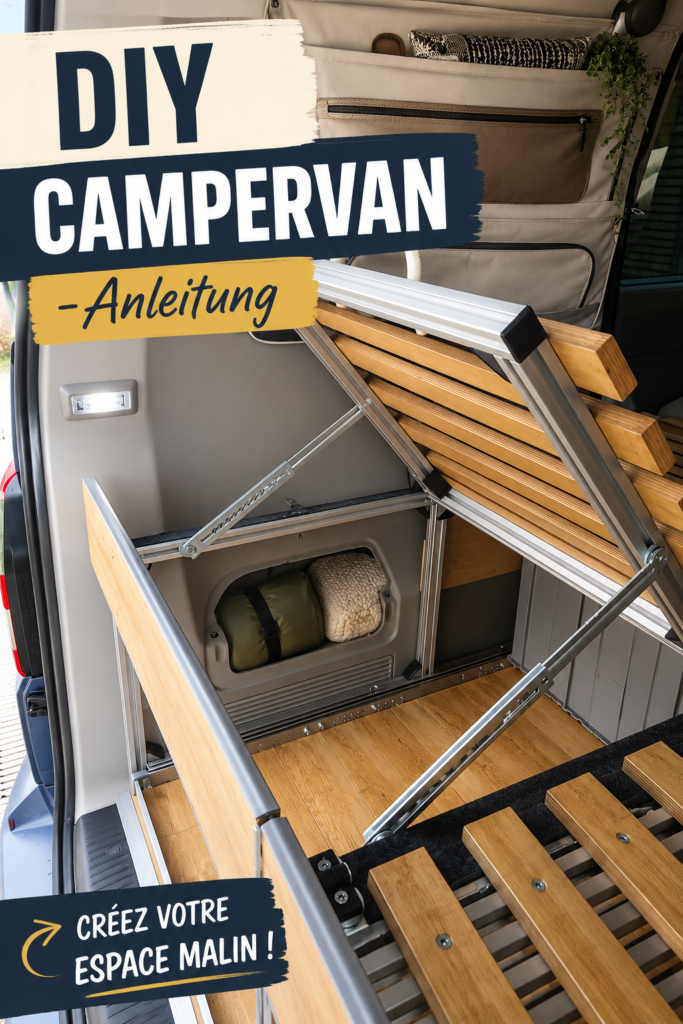 Un lit en bois dans un van aménagé, ergonomique et chaleureux.